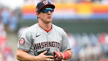 Aug 18, 2024; Philadelphia, Pennsylvania, USA; Washington Nationals outfielder Jacob Young (30) before game against the Philadelphia Phillies at Citizens Bank Park