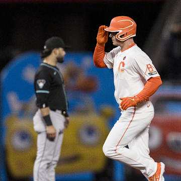 Sep 3, 2024; San Francisco, California, USA;  San Francisco Giants third baseman Matt Chapman (26) gestures as he runs the bases after hitting a solo home run against the Arizona Diamondbacks during the sixth inning at Oracle Park. 