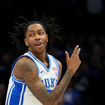 Mar 13, 2025; Charlotte, NC, USA; Duke Blue Devils guard Isaiah Evans (3) reacts after hitting a three point shot in the first half at Spectrum Center. Mandatory Credit: Bob Donnan-Imagn Images