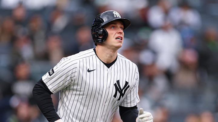 Apr 19, 2026; Bronx, New York, USA; New York Yankees first baseman Ben Rice (22) hits a solo home run during the second inning against the Kansas City Royals at Yankee Stadium. Mandatory Credit: Vincent Carchietta-Imagn Images