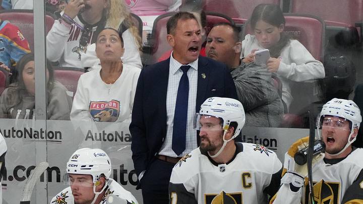 Oct 19, 2024; Sunrise, Florida, USA;  Vegas Golden Knights head coach Bruce Cassidy directs his team against the Florida Panthers during the third period at Amerant Bank Arena. Mandatory Credit: Jim Rassol-Imagn Images
