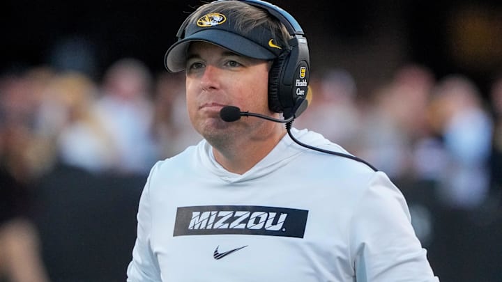 Sep 7, 2024; Columbia, Missouri, USA; Missouri Tigers head coach Eli Drinkwitz watches play against the Buffalo Bulls during the first half at Faurot Field at Memorial Stadium. Mandatory Credit: Denny Medley-Imagn Images