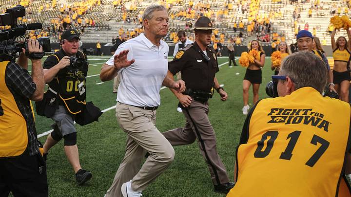 Iowa head football coach Kirk Ferentz leaves the field after leading the Hawkeyes to a 33-7 win over Northern Illinois on Saturday, Sept. 1, 2018, at Kinnick Stadium in Iowa City.

180901 Iowafbvsniu