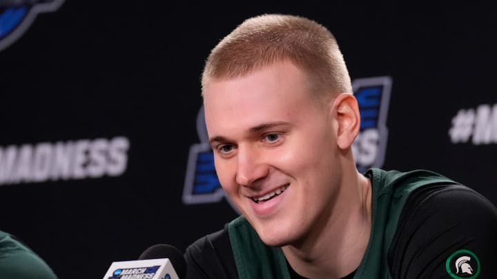 Mar 22, 2023; New York, NY, USA; Michigan State Spartans forward Joey Hauser (10) chats with the media after practice the day before his game against Kansas State at Madison Square Garden. Mandatory Credit: Robert Deutsch-USA TODAY Sports 