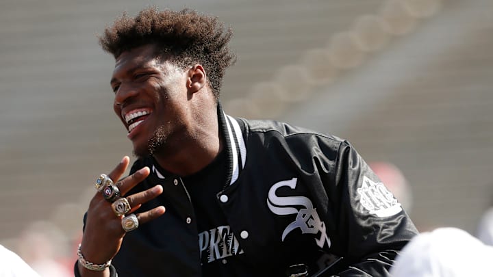 Georgia tight end Darnell Washington gets his championship rings during the UGA G-Day spring football game.