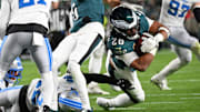 Nov 16, 2025; Philadelphia, Pennsylvania, USA;  Philadelphia Eagles running back Saquon Barkley (26) is stopped short of the goal line during the second quarter against the Philadelphia Eagles at Lincoln Financial Field. Mandatory Credit: Eric Hartline-Imagn Images