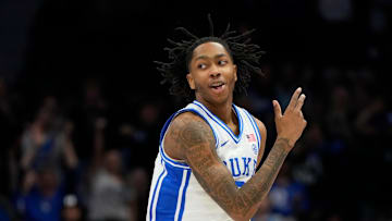 Mar 13, 2025; Charlotte, NC, USA; Duke basketball guard Isaiah Evans (3) reacts after hitting a three point shot in the first half at Spectrum Center.
