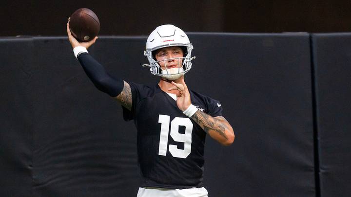 Jul 23, 2026; Glendale, AZ, USA; Arizona Cardinals quarterback Carson Beck (19) during training camp at State Farm Stadium. Mandatory Credit: Mark J. Rebilas-Imagn Images