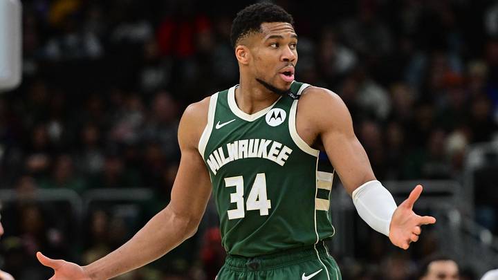 Milwaukee Bucks forward Giannis Antetokounmpo (34) reacts (Mandatory Credit: Benny Sieu-Imagn Images)