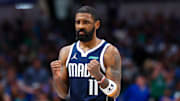 Mar 17, 2024; Dallas, Texas, USA;  Dallas Mavericks guard Kyrie Irving (11) reacts during the second half against the Denver Nuggets at American Airlines Center. Mandatory Credit: Kevin Jairaj-Imagn Images