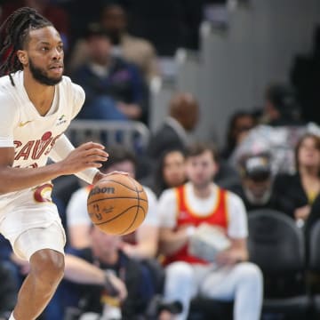 Mar 6, 2024; Atlanta, Georgia, USA; Cleveland Cavaliers guard Darius Garland (10) dribbles against the Atlanta Hawks in the first quarter at State Farm Arena. Mandatory Credit: Brett Davis-USA TODAY Sports
