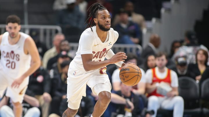 Mar 6, 2024; Atlanta, Georgia, USA; Cleveland Cavaliers guard Darius Garland (10) dribbles against the Atlanta Hawks in the first quarter at State Farm Arena. Mandatory Credit: Brett Davis-USA TODAY Sports
