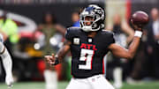 Nov 16, 2025; Atlanta, Georgia, USA; Atlanta Falcons quarterback Michael Penix Jr. (9) throws the ball in the third quarter against the Carolina Panthers at Mercedes-Benz Stadium. Mandatory Credit: Brett Davis-Imagn Images