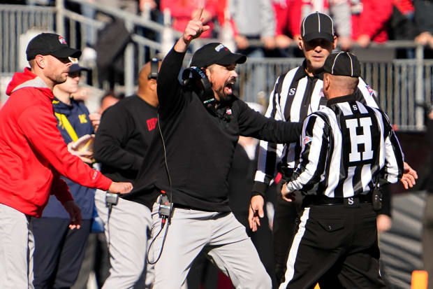 Ohio State Buckeyes head coach Ryan Day yells during the first half of the 2022 loss against the Michigan Wolverines