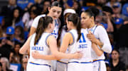 Mar 21, 2025; Los Angeles, California, USA; UCLA Bruins guard Elina Aarnisalo (7), Lauren Betts (51), Janiah Barker (0), Timea Gardiner (30) and Gabriela Jaquez (11) during the second quarter of an NCAA Tournament first-round game against the Southern Lady Jaguars at Pauley Pavilion presented by Wescom. Mandatory Credit: Robert Hanashiro-Imagn Images