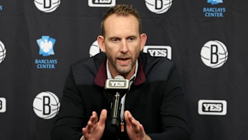 Nov 9, 2022; Brooklyn, New York, USA; Brooklyn Nets general manager Sean Marks speaks during a press conference before a game against the New York Knicks at Barclays Center. Mandatory Credit: Brad Penner-Imagn Images