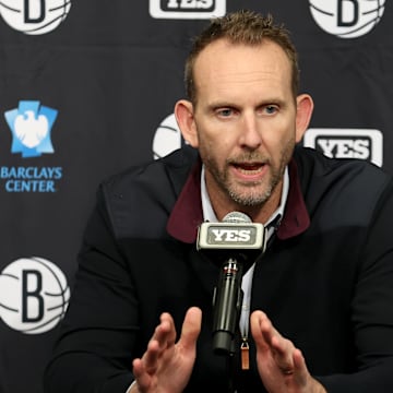 Nov 9, 2022; Brooklyn, New York, USA; Brooklyn Nets general manager Sean Marks speaks during a press conference before a game against the New York Knicks at Barclays Center. Mandatory Credit: Brad Penner-Imagn Images