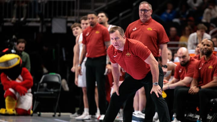 Mar 11, 2026; Kansas City, MO, USA; Iowa State Cyclones coach TJ Otzelberger watches game play during the first half against the Arizona State Sun Devils at T-Mobile Center. Mandatory Credit: William Purnell-Imagn Images