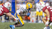 Nov 1, 2025; Stanford, California, USA; Pittsburgh Panthers running back Ja'Kyrian Turner (25) runs the ball during the second quarter at Stanford Stadium. Mandatory Credit: John Hefti-Imagn Images