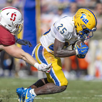 Nov 1, 2025; Stanford, California, USA; Pittsburgh Panthers running back Ja'Kyrian Turner (25) runs the ball during the second quarter at Stanford Stadium. Mandatory Credit: John Hefti-Imagn Images