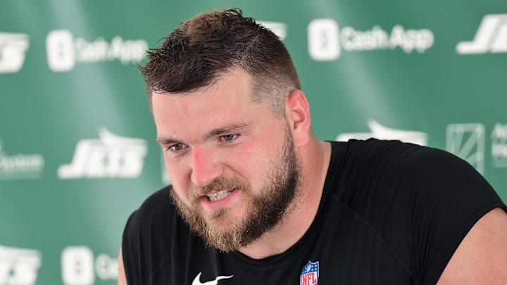 Jul 25, 2025; Florham Park, NJ, USA; New York Jets center Josh Myers (71) speaks to the media during training camp at Atlantic Health Jets Training Center. Mandatory Credit: John Jones-Imagn Images