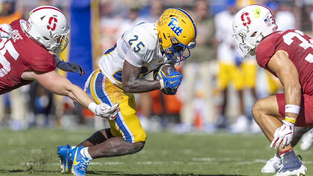 Nov 1, 2025; Stanford, California, USA; Pittsburgh Panthers running back Ja'Kyrian Turner (25) runs the ball during the second quarter at Stanford Stadium. Mandatory Credit: John Hefti-Imagn Images