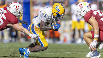 Nov 1, 2025; Stanford, California, USA; Pittsburgh Panthers running back Ja'Kyrian Turner (25) runs the ball during the second quarter at Stanford Stadium. Mandatory Credit: John Hefti-Imagn Images