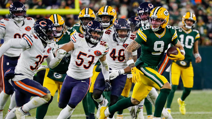 Green Bay Packers wide receiver Christian Watson (9) breaks free for a touchdown reception against the Chicago Bears on Sunday, December 7, 2025, at Lambeau Field in Green Bay, Wis. The Packers won the game, 28-21.
Tork Mason/USA TODAY NETWORK-Wisconsin