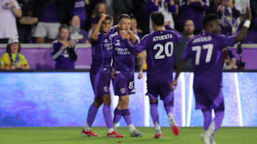 Feb 22, 2025; Orlando, Florida, USA; Orlando City forward Marco Pasalic (87) celebrates with teammates after scoring a goal against the Philadelphia Union in the first half at Inter&Co Stadium. Mandatory Credit: Morgan Tencza-Imagn Images