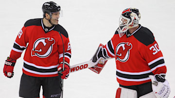 New Jersey Devils right wing Jaromir Jagr (68) and goalie Martin Brodeur (30) Mandatory Credit: Ed Mulholland-Imagn Images
