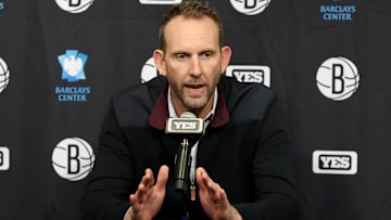 Nov 9, 2022; Brooklyn, New York, USA; Brooklyn Nets general manager Sean Marks speaks during a press conference before a game against the New York Knicks at Barclays Center. Mandatory Credit: Brad Penner-Imagn Images