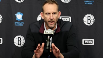 Nov 9, 2022; Brooklyn, New York, USA; Brooklyn Nets general manager Sean Marks speaks during a press conference before a game against the New York Knicks at Barclays Center. Mandatory Credit: Brad Penner-Imagn Images