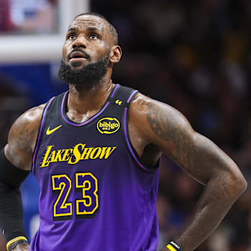 Jan 7, 2025; Dallas, Texas, USA; Los Angeles Lakers forward LeBron James (23) reacts against the Dallas Mavericks during the second half at American Airlines Center. Mandatory Credit: Kevin Jairaj-Imagn Imagese