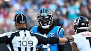 Oct 13, 2024; Charlotte, North Carolina, USA;  Carolina Panthers cornerback Jaycee Horn (8) is called for pass interferference on a pass intended for Atlanta Falcons wide receiver Darnell Mooney (1) in the first quarter at Bank of America Stadium. Mandatory Credit: Bob Donnan-Imagn Images