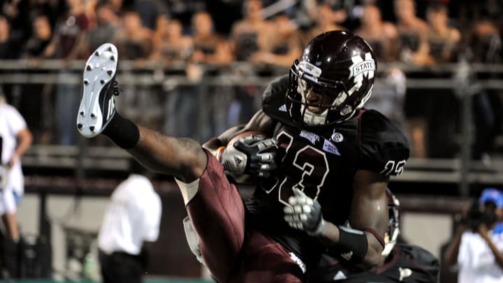 Sep 24, 2011;Starkville, MS, USA; Mississippi State Bulldogs cornerback Jonathan Banks (13) intercepts a Louisiana Tech Bulldogs pass in the end zone during the fourth quarter at Davis Wade Stadium. 