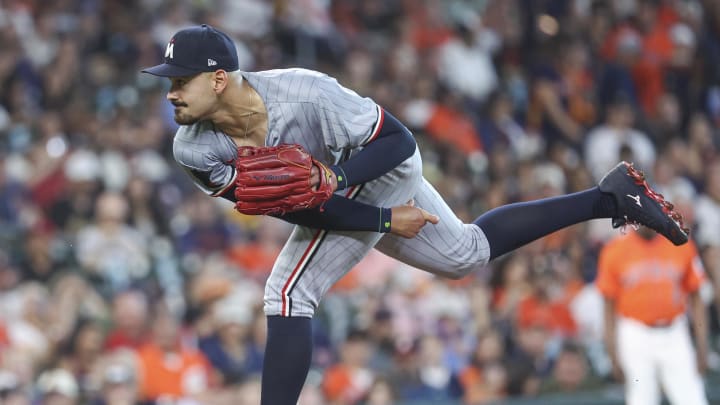 May 31, 2024; Houston, Texas, USA; Minnesota Twins starting pitcher Pablo Lopez (49) delivers a pitch during the first inning against the Houston Astros at Minute Maid Park. Mandatory Credit: Troy Taormina-USA TODAY Sports