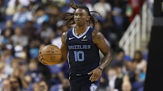 Oct 15, 2025; Greensboro, North Carolina, USA; Memphis Grizzlies guard Javon Small (10) dribbles the ball up the court during the second half against the Charlotte Hornets at First Horizon Coliseum. Mandatory Credit: Brian Westerholt-Imagn Images