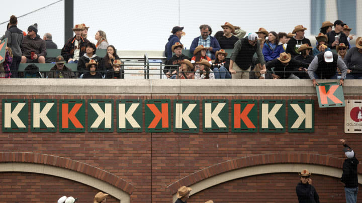 Jul 27, 2024; San Francisco, California, USA; San Francisco Giants fans hang a 15th “K” on the wall.