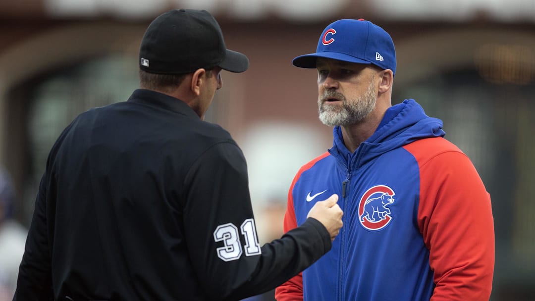 Jun 9, 2023; San Francisco, California, USA; Home plate umpire Pat Hoberg (31) talks to Chicago Cubs manager David Ross (3) during the first inning against the San Francisco Giants at Oracle Park. Mandatory Credit: D. Ross Cameron-Imagn Images