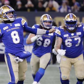 Nov 11, 2023; Winnipeg, Manitoba, CAN;  Winnipeg Blue Bombers quarterback Zach Collaros (8) looks downfield for a receiver during the first half of the game against the BC Lions at IG Field. Mandatory Credit: Bruce Fedyck-Imagn Images