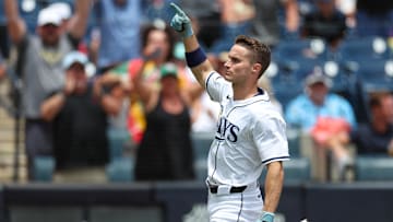 Jul 2, 2025; Tampa, Florida, USA; Tampa Bay Rays left fielder Jake Mangum (28) reacts after hitting an inside the park home run against the Oakland Athletics in the second inning at George M. Steinbrenner Field. Mandatory Credit: Nathan Ray Seebeck-Imagn Images