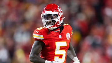 Jan 26, 2025; Kansas City, MO, USA; Kansas City Chiefs wide receiver Hollywood Brown (5) against the Buffalo Bills in the AFC Championship game at GEHA Field at Arrowhead Stadium. Mandatory Credit: Mark J. Rebilas-Imagn Images