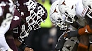 Nov 30, 2024; College Station, Texas, USA; A detail view of the line of scrimmage during the first half of the game between the Texas A&M Aggies and the Texas Longhorns. The Longhorns defeated the Aggies 17-7 at Kyle Field. Mandatory Credit: Maria Lysaker-Imagn Images  