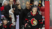 Nov 23, 2024; Ottawa, Ontario, CAN; Ottawa Senators center Josh Norris (9) questions his penalty to the bench in the third period against the Vancouver Canucks at the Canadian Tire Centre. Mandatory Credit: Marc DesRosiers-Imagn Images