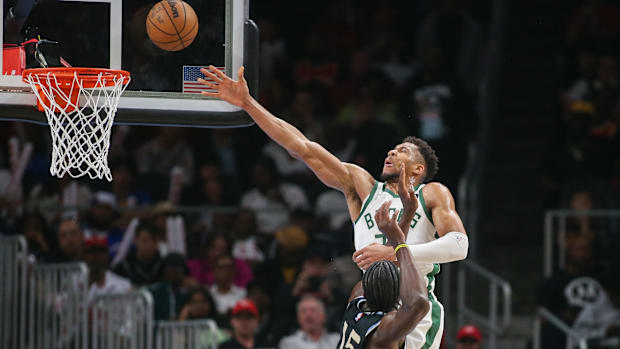 Mar 30, 2024; Atlanta, Georgia, USA; Milwaukee Bucks forward Giannis Antetokounmpo (34) shoots past