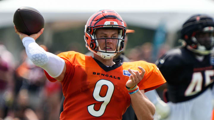 Bengals Joe Burrow winds up for a pass during their training camp on Tuesday July 30, 2024.