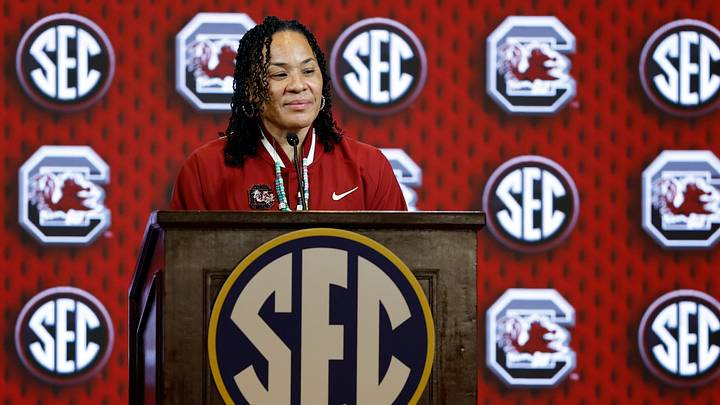 Oct 13, 2026; Birmingham, AL, USA;  South Carolina Gamecocks head coach Dawn Staley speaks during the SEC Basketball Tipoff at Grand Bohemian Hotel Mountain Brook.  Mandatory Credit: Butch Dill-Imagn Images