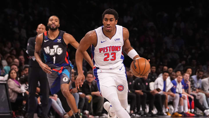 Apr 6, 2024; Brooklyn, New York, USA;  Detroit Pistons point guard Jaden Ivey (23) dribbles the ball down the lane against the Brooklyn Nets during the first half at Barclays Center. Mandatory Credit: Gregory Fisher-USA TODAY Sports