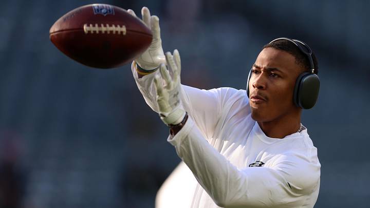 Jan 11, 2026; Philadelphia, PA, USA; Philadelphia Eagles wide receiver DeVonta Smith (6) warms up prior to in an NFC Wild Card Round game against the San Francisco 49ers at Lincoln Financial Field. Mandatory Credit: Bill Streicher-Imagn Images