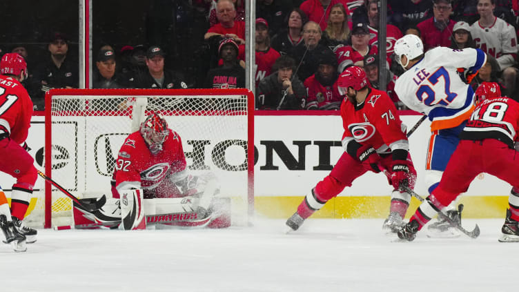 Apr 17, 2023; Raleigh, North Carolina, USA; Carolina Hurricanes goaltender Antti Raanta (32) stops a